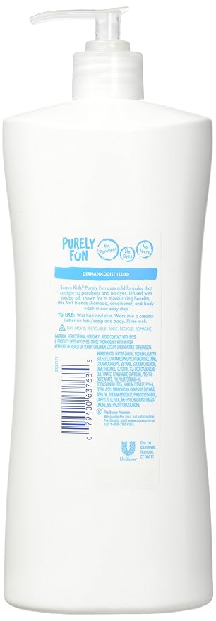 Suave Kids 3-in-1 Shampoo Conditioner Body Wash Makes Bath Time Quick and Easy, Purely Fun Paraben Free and Dermatologist Tested Kids Shampoo 3 in 1 Formula, 28 Fl Oz