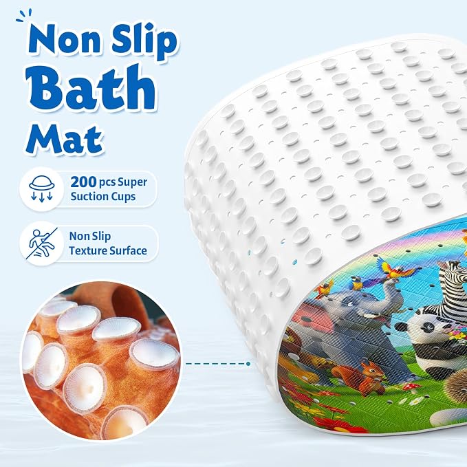 XIYUNTE Upgrade Baby Bath Mat Non Slip - 40"x16" Extra Long Kids Bath Mat for Tub Non Slip Bathtub Mat Eco-Friendly Toddler Bath Mats with Suction Cups, Machine Washable and No Fading, Animal Rainbow