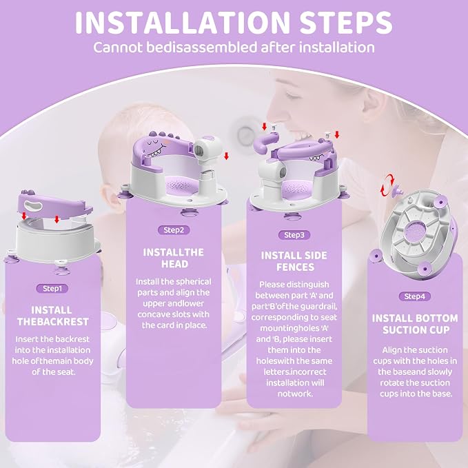 TPN Baby Bath Seat for Babies 6 Months & Up, Non-Slip Toddler Bath Seat with 5 PCS Waterproof Emoji Stickers, Portable Infant Bath Seat for Baby (Lavender)