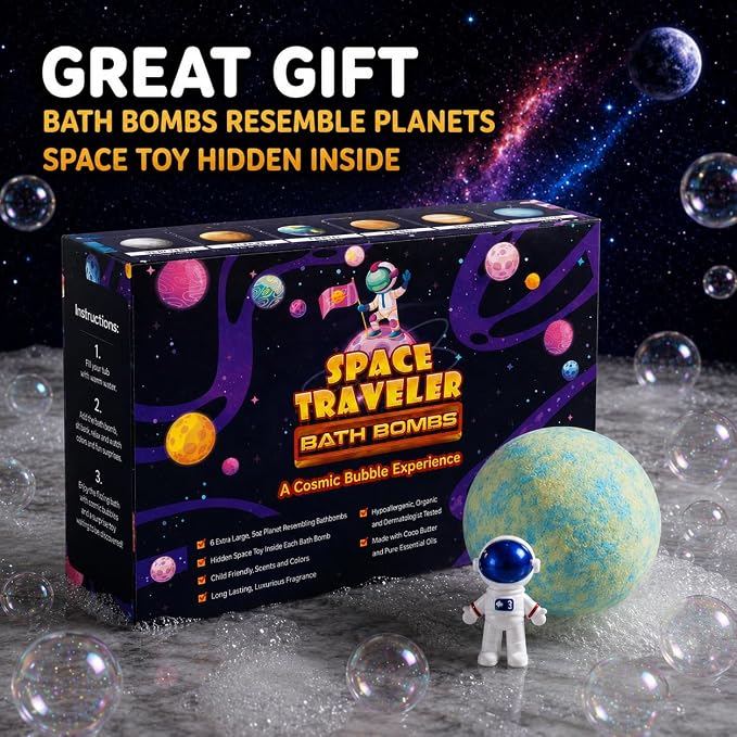 EvolutionUSA 6 Space Bath Bombs for Boys & Girls - Planet Bath Bombs Toy Inside, Organic Childrens Bathbomb Set, Cosmic Bath Fizzers, Kid Bath Bomb Gift for Valentines, Birthday, Christmas, Easter