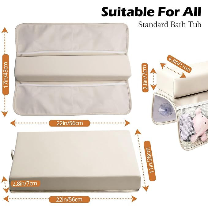 Baby Waterproof Vegan Leather Bath Kneeler and Elbow Rest Pad Set | Thickened Non-Slip Memory Foam Knee & Arm Support Bathtub Mat with Toy Organizer for Infant Toddler Bathing