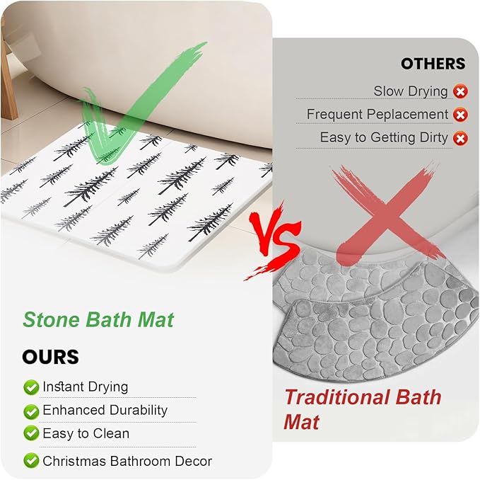Black Stone Bath Mat - 24x16 Inch, Fast Absorbent Large Black and White Tree Stone Bath Mats for Bathroom Decor Quick Dry Non-Slip Shower & Bathtub & Drying Mat