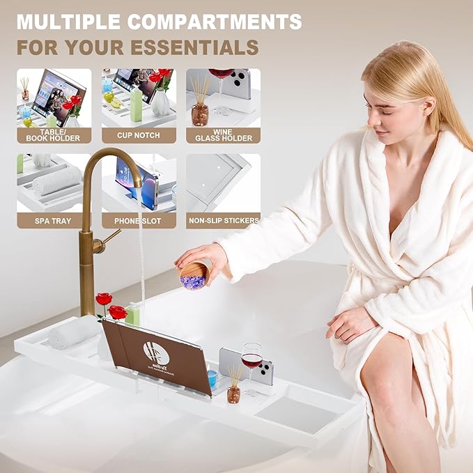 Yirilan Foldable Bathtub Caddy, Expandable Bath Caddy Tray, Unique House Warming Gifts, New Home, Anniversary and Wedding Gifts for Couple, White