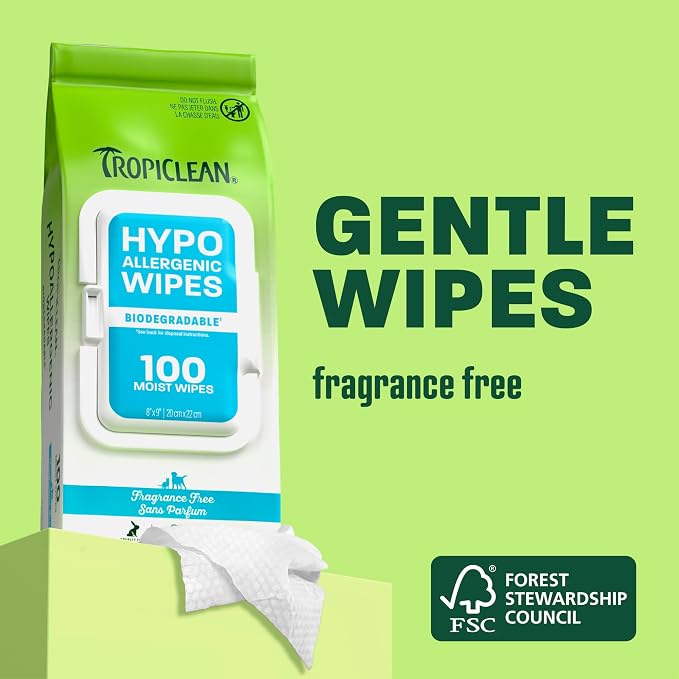 TropiClean Hypoallergenic Dog Wipes for Paws and Bottom | Fragrance Free Dog Grooming Wipes | Safe for The Face | Puppy & Cat Friendly | 400 Count