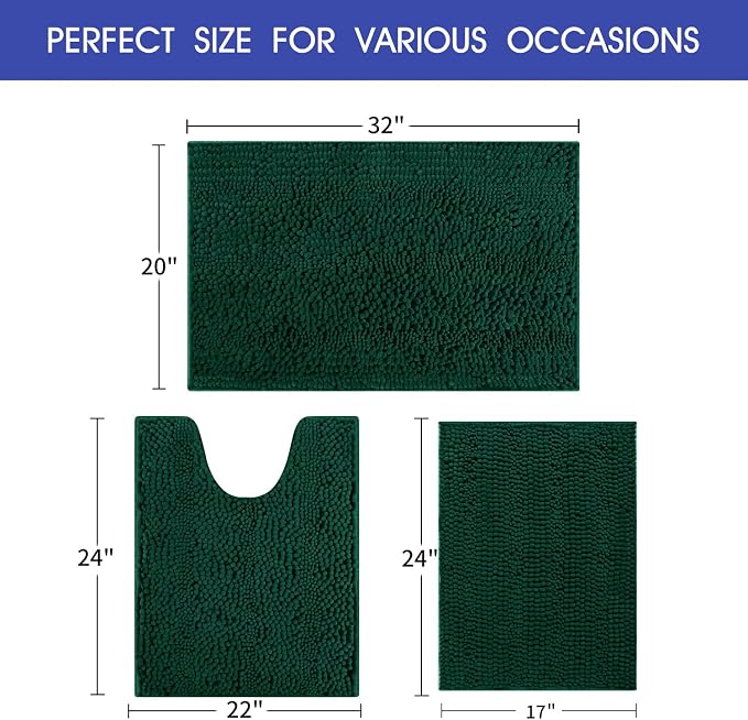 Christmas Striped Deep Green Bathroom Rug Set 3 Pieces Ultra Soft, Non Slip Chenille Bath Carpet, Absorbent Plush Shaggy Bath Mats for Bathroom, Toilet, Bedroom, Kitchen