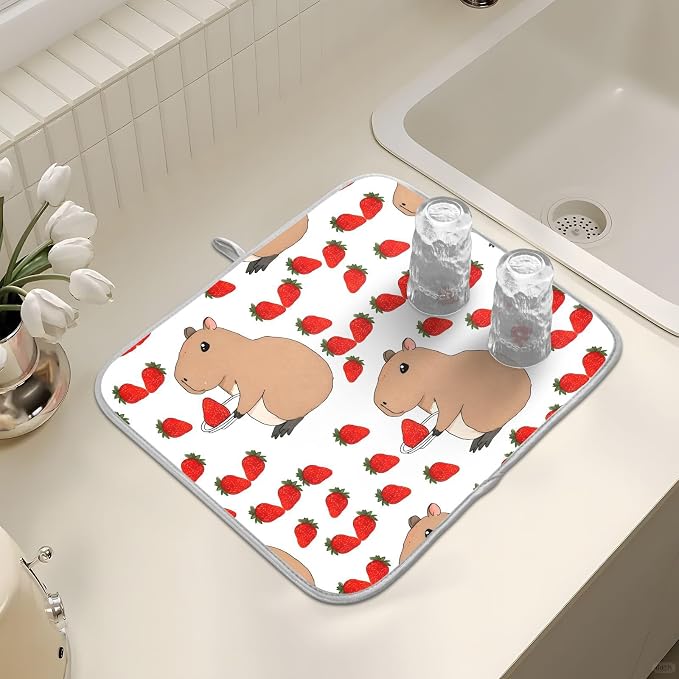 Cute Capybara Strawberry Dish Drying Mat, Absorbent Drainer Mats for Kitchen Counter Coffee Maker 24"x18"