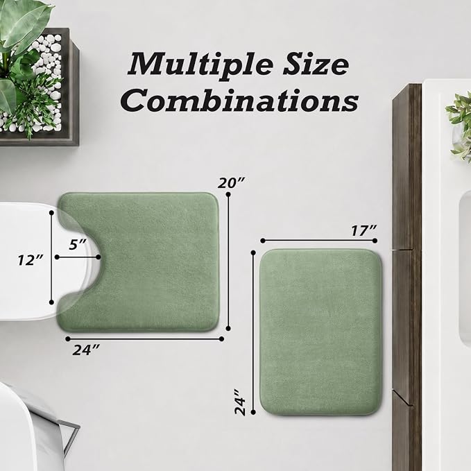 HUXMEYSON Bathroom Rugs Sets 2 Piece, Non-Slip & Quick Dry Bath Mat Set, Ultra Soft Velvet Bath Rugs for Bathroom, Toilet and Shower Floor, Grey Green