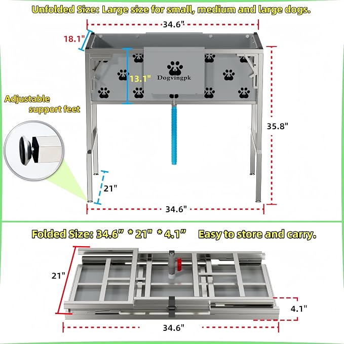Dogvingpk Portable Foldable Elevated Dog Bathtub, 300 lb Capacity with Drain for Bathing Grooming Medium and Large Dogs, Indoor Outdoor Use (2 PVC-TUB-L)