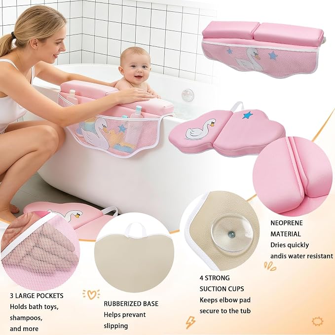 Bath Kneeler and Elbow Rest Pad Set, Bathtub Kneeling Pad with Elbow Support and Storage Pockets, Baby Bath Support Non-Slip, Machine Washable, Quick Drying for Comfortable Baby Bathing (Pink)