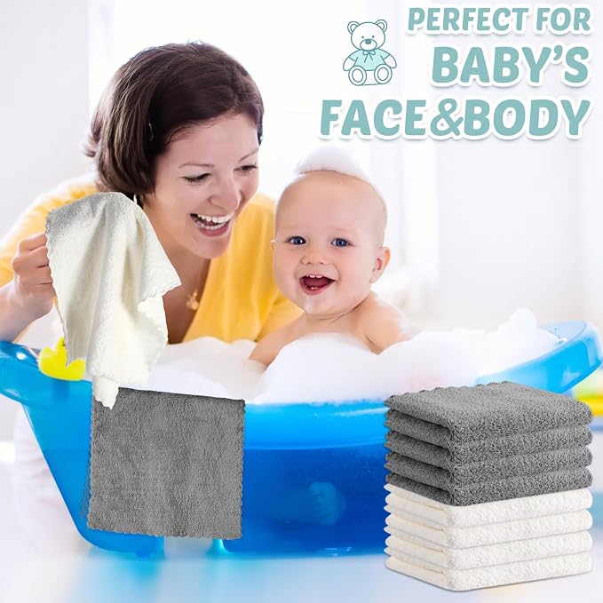 Newwiee 120 Pack Baby Washcloths 9 x 8 Inch Coral Fleece Baby Rags Microfiber Soft Small Towels Absorbent Wash Cloth for Newborn Infants Toddlers Face or Body(Gray, White)