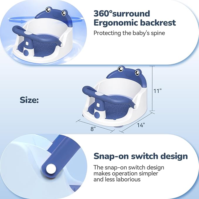 Baby Bath Seat for Babies 6 Months & Up - One-Handed Snap-On Armrest Baby Bath Chair | 4 Suction Cup Non-Slip Baby Bathtub Seat with Storage Bag | Ergonomic Infant Bath Seats for Baby Sitting Up Blue
