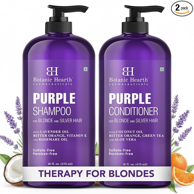 Botanic Hearth Purple Shampoo And Conditioner Set | For All Shades Of Blonde, Silver And Gray Hair | Enhances Highlights | Sulfate Free, Paraben Free, 16 Fl Oz Each