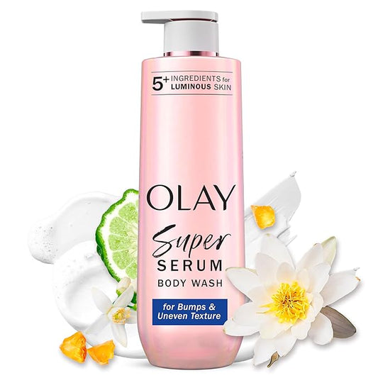Olay Super Serum Body Wash for Rough & Bumpy Skin, 24hr Long Lasting Rich Hydration, 5+ Ingredient Complex for Bright, Even, Firm, & Luminous Skin, with Collagen Peptide, BHA/AHA & Vitamin C, 20 fl oz