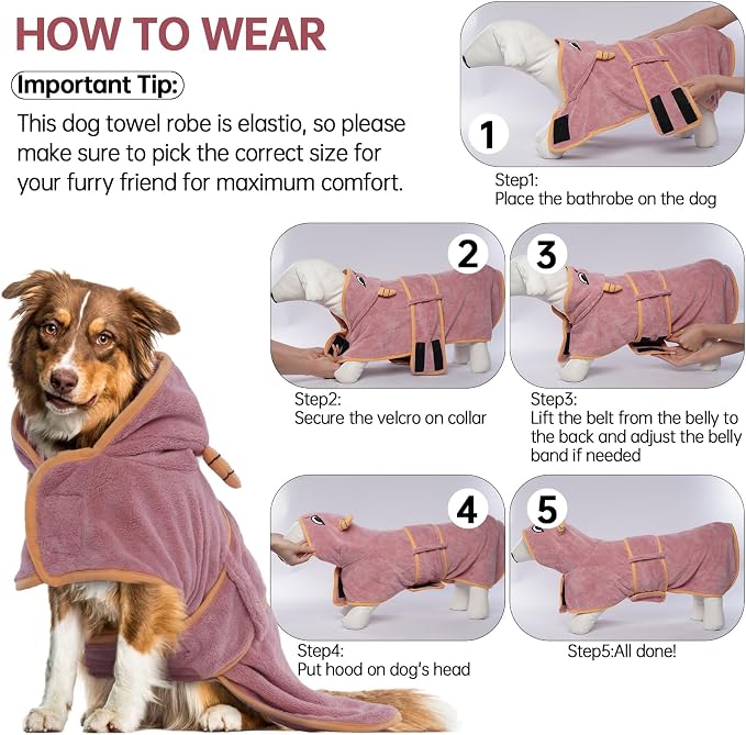 Dog Bathrobe & Drying Coat, Microfibre Material Fast Drying Super Absorbent Towel, Magic Sticker & Belly Strap, Robes for After Bath - Puppy to Large Dog & Cat