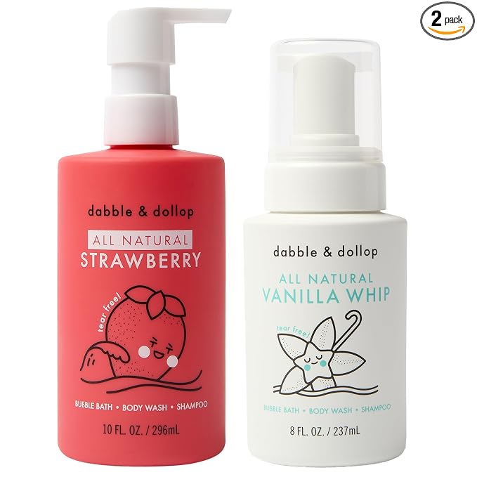 Dabble & Dollop Strawberry + Vanilla Kids 3-in-1 Body Wash, Shampoo & Bubble Bath Bundle – Gel + Foam Whip, Tear-Free, Gentle, Natural-Origin, Hypoallergenic and Safe for Sensitive Skin (Pack of 2)