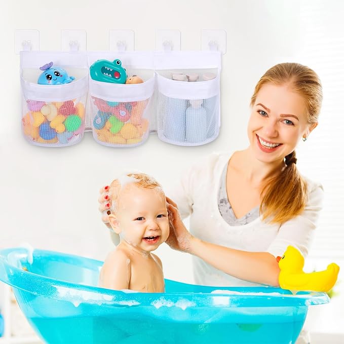 Bath Toy Storage Organizer, 3 Compartment Bath Toy Holder for Tubs, Large Capacity & Quick-Drying Mesh - 5 Strong Adhesive Hooks for Easy Access