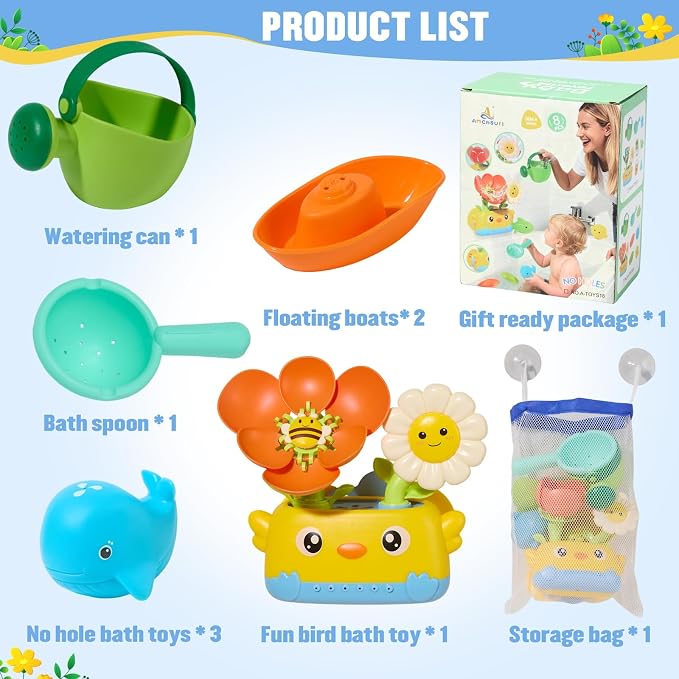 Toddler Bath Toys for Kids Ages 1-3 | Safe & Fun Mold Free Baby Bath Toys | Interactive Bath Toys with Blooming Flower with Watering Can Bathtub Water Toys for 1+ Year Old Great for Girls Shower Gifts