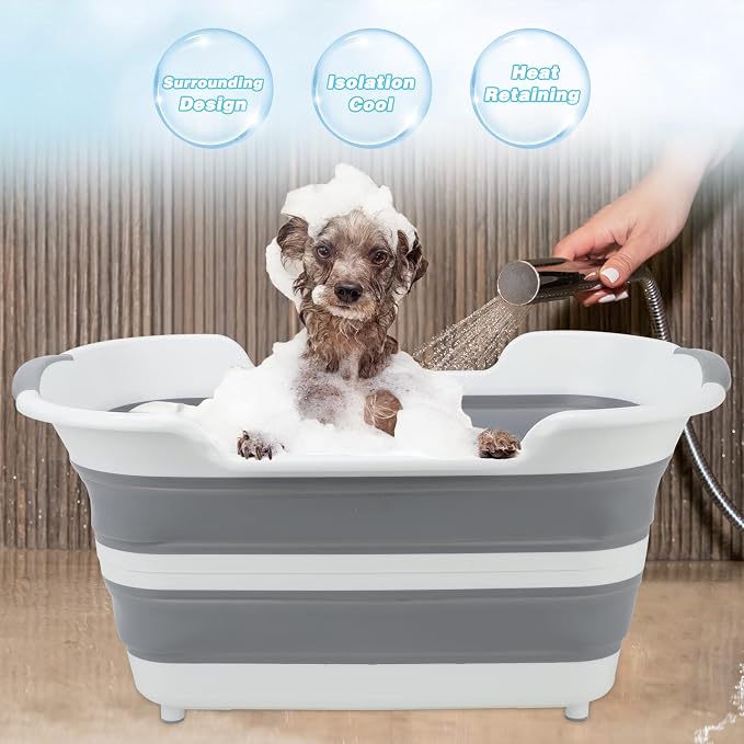 FHTONGE 7.13 Gal/27L Raised Collapsible Dog Bathtub with Drain Fur Catcher, Multifunctional Pet Washtub for Small to M Dog, Portable Puppy Tub Cat Shower Basin Laundry Basket Storage Organize Bucket