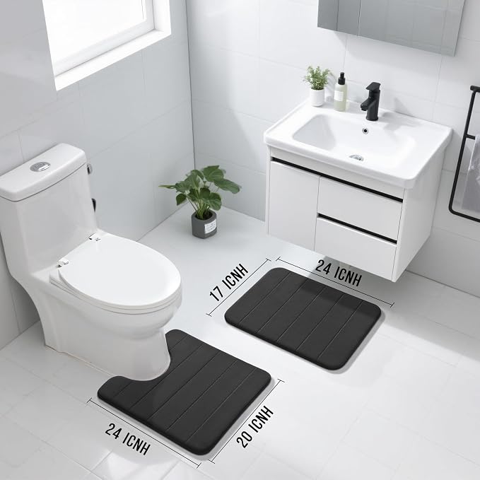 Yimobra U-Shaped Toilet Bath Mat Set 2 Piece - Super Soft Absorbent Quick Dry Memory Foam Bathroom Rugs, Machine Washable Non Slip Floor Carpet for Tub Shower & Single Sink (17x24 & 24x20, Black)