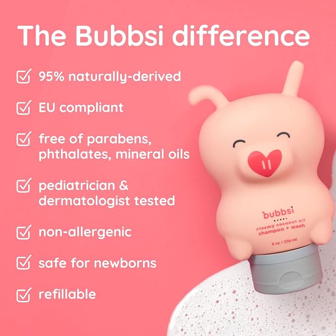 Bubbsi Baby Shampoo and Body Wash - Organic Coconut Oil and Shea Toddler Bath Soap w/Natural Scent, Gentle Sulfate-Free Kids Body Wash Won't Irritate Eyes (Refillable bottle, 8oz) (Refill Size, 32oz)