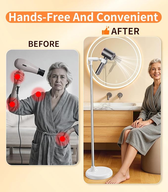 Hair Dryer Stand Hands Free, 360° Rotation White | Anti-Slip Stable Base, Aluminum Alloy, Adjustable Height 17-51 Inch, For Families & Pet Grooming