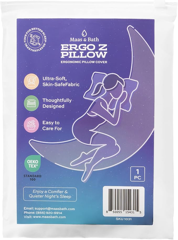 MAAS & BATH Ergo Z Pillowcase - Premium Breathable Pillow Case for Quality Sleep, Made with Machine Washable Non-Peeling Cotton Fabric, Easy-Open Hidden Zipper, Non-Toxic & Odorless