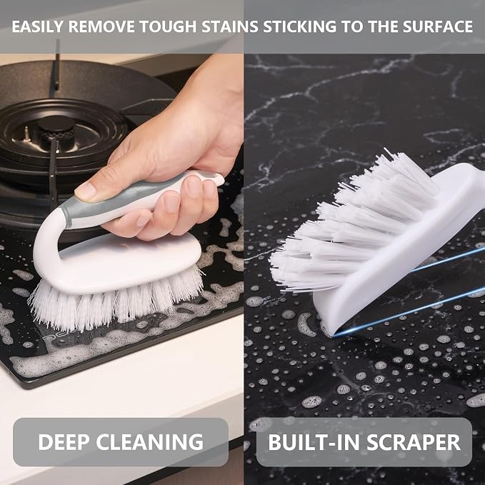 Scrub Brush Set, 4 Pack Deep Cleaning Brush Kit - 2 Scrub Brush, 2 Tile & Grout Brush with Built-in Scraper, Household Commercial Scrubber for Floor, Shower, Pool Wall, Tub (Gray)