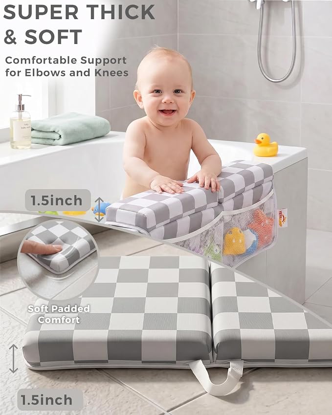 Bath Kneeler and Elbow Rest Pad Set - 1.5'' Thick Baby Bath Kneeler Pad, Foldable Memory Foam Kneeling Pad with 4 Toy Organizer Pockets, Quick Dry, Non-Slip, Checkered Pattern, Baby Bath Essentials