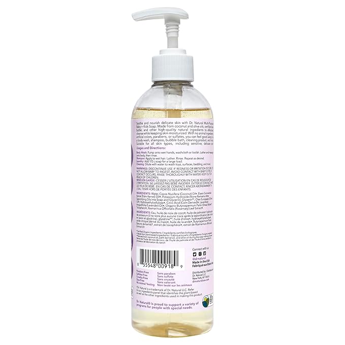 Dr. Natural Multi-Purpose Baby Plus Kids Soap, Lavender, 16 oz - Plant-Based - with Shea Butter - Hypoallergenic - Body Wash, Face Wash, Hand Soap - Sulfate-Free, Paraben-Free, Cruelty-Free