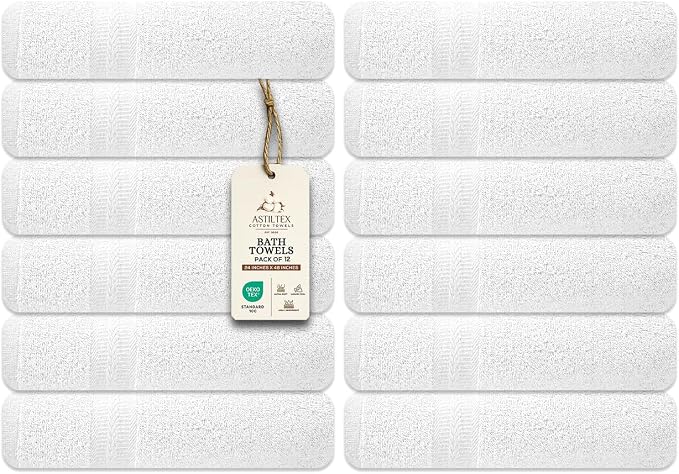 Bath Towels Bulk Set of 12 – 24" x 48" – 100% Cotton Terry, Soft, Quick-Dry & Highly Absorbent – White Towels for Bathroom, Spa, Gym, Hotel, Pool & Everyday Use