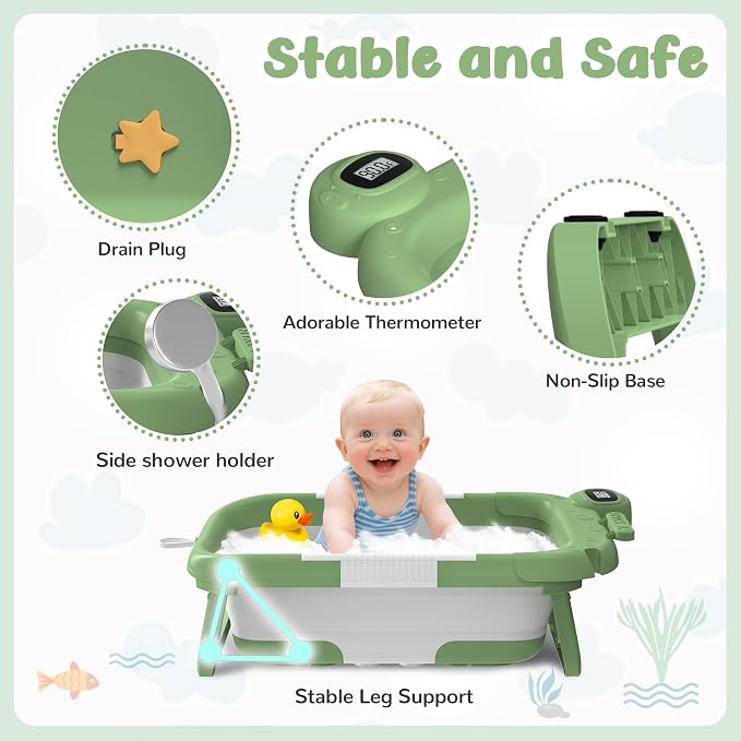 Green Foldable Baby Bathtub with Cushion & Kneeling Pad, Large Infant Bath Tub with Thermometer & Support Pillow, Portable Newborn Bathing Tub for Baby Boys & Girls