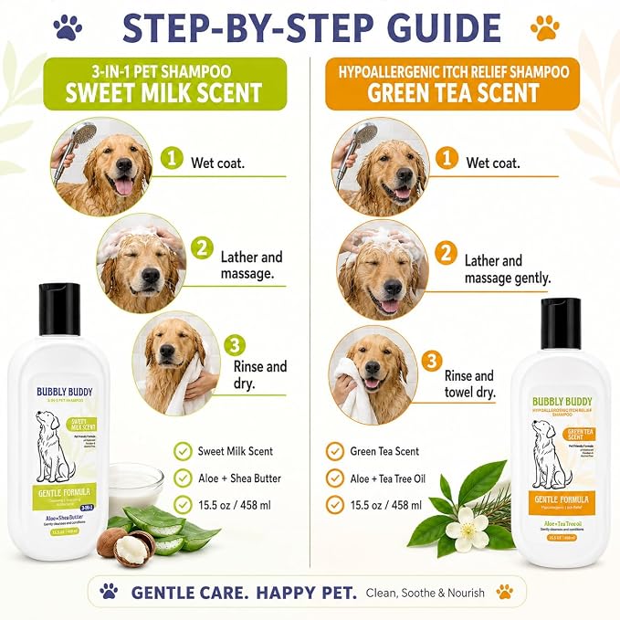Dog Shampoo 2-Pack, 3-in-1 Sweet Milk Scent Dog Shampoo 15.5 fl oz + Hypoallergenic Itch Relief Shampoo 15.5 fl oz Green Tea Scent, Sensitive Skin & Soft Coat Care