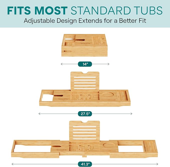 SereneLife 2 in 1 Bed and Bath Tray - Foldable Bamboo Bathtub Caddy with Adjustable Length, Non-Slip, Device Holder, Wine Glass Slot, Expandable for Comfortable Bathing, Natural, Folding Set