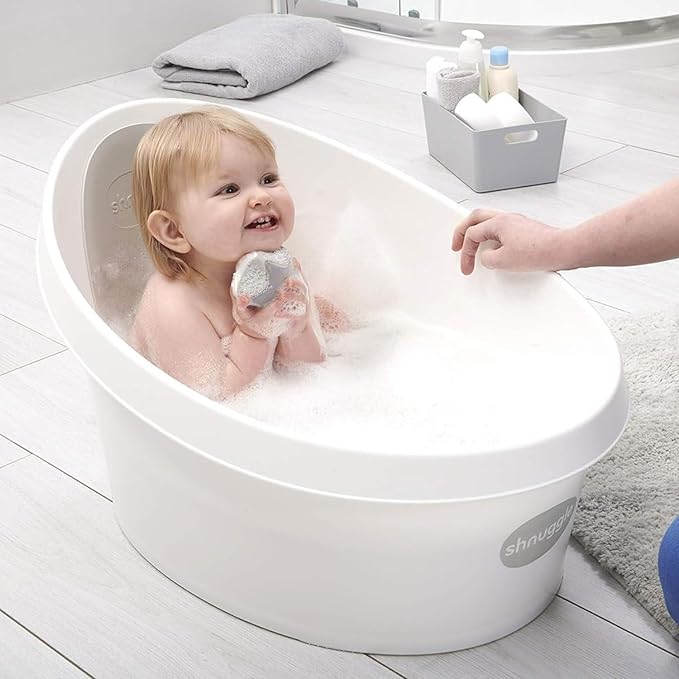 Toddler Bath Tub | Larger Bath for Bigger Kids at Bathtime | Includes Warm and Soft Foam backrest | Grippy Anti-Slip Surface | Includes Easy Drain Bath Plug | White & Grey