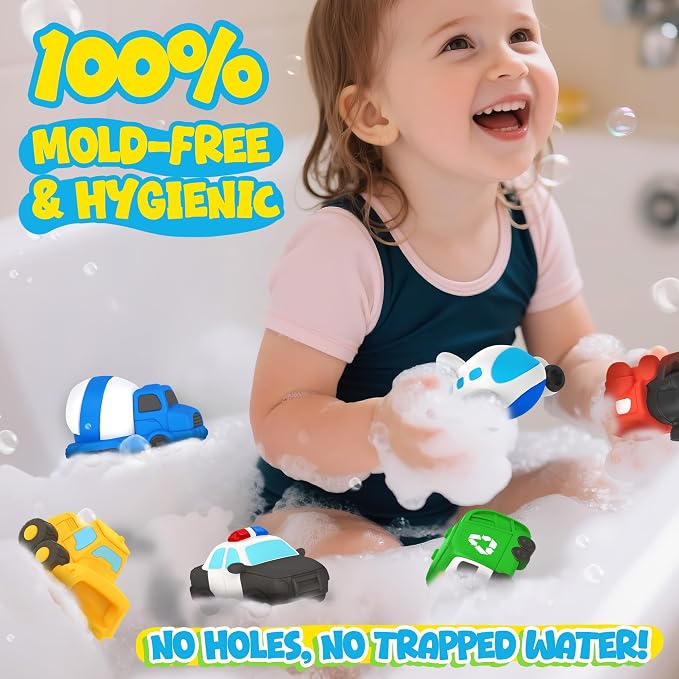 Zippytots 6 PCS Vehicle Floating Bath Toys Mold Free Infant Bath Tub Toys for 12 Months - No Hole Bathtub Toys for Toddlers 1-3 Water Pool Toys for Baby Toddler Ages 1+