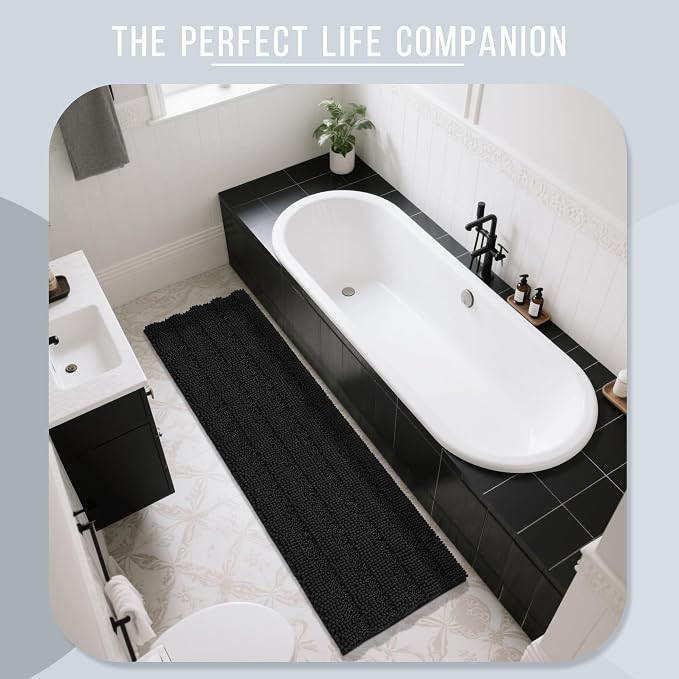 Yimobra Bathroom Runner Rug, 70 x 24, Long Bathroom Rugs Large Bath Mat, Soft Super Absorbent and Thick, Non-Slip, Machine Washable, Carpets for Home, Nursery, Bed and Living Room, Black