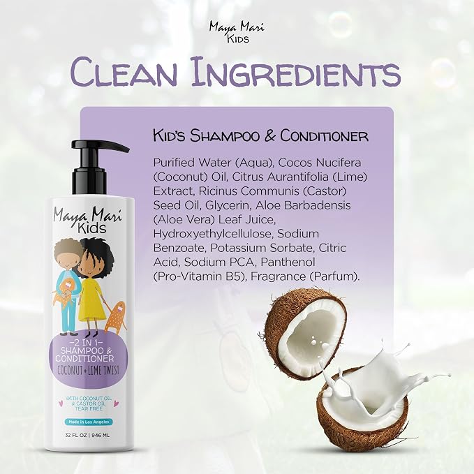 MAYA MARI Kids Shampoo and Conditioner 2 in 1, 32 oz Family Size Bottle, Sulfate Free, Paraben Free, Tear Free, Dye Free, Coconut Lime Twist, Made in Los Angeles for Toddlers and Curly Hair