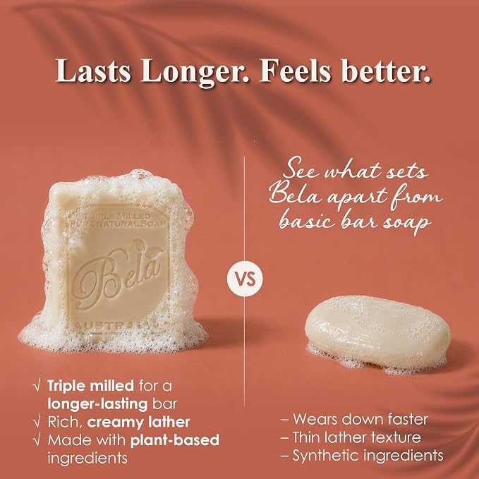 BELA Extra Creamy Goat Milk Soap 3.3 OZ Pack of 6, Long Lasting French Triple Milled Bar Soap Enriched with Organic Shea Butter, Hand, Face and Body Wash Bar, Made in Australia