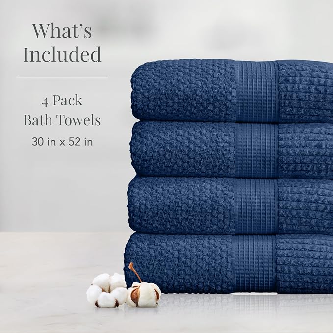 NY Loft 100% Cotton 4-Pack Bath Towel Set | Navy | Oeko-TEX | Quick-Dry | Four 30" x 52" Bath Towels | Super Absorbent | Designer-Styled Texture