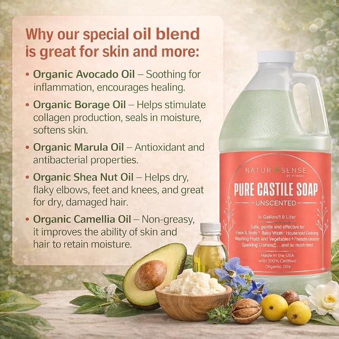 Organic Castile Soap Liquid Unscented 64 oz - Baby Body Hand Wash Shampoo | NaturSense plant-based liquid soap for baby, body, hands, hair, dishes, pets, home - organic oils, sulfate & paraben free