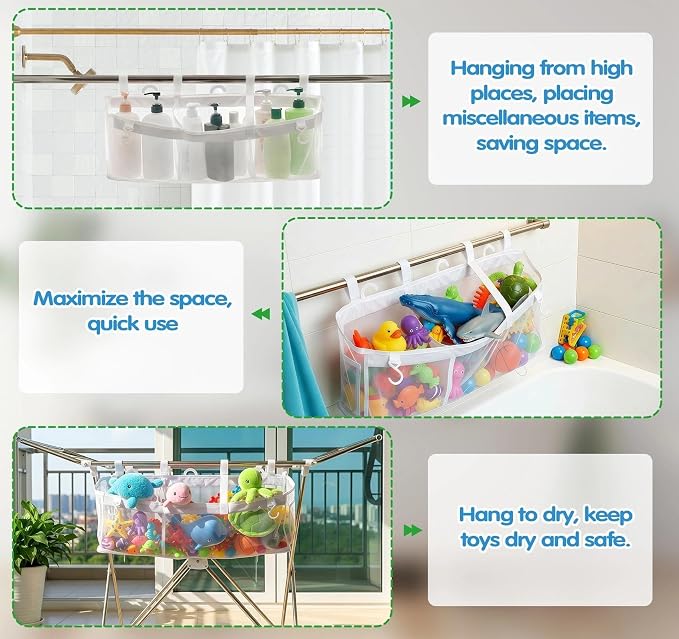 Extra Large Openings Bath Toy Organizer with 2 Compartments and Multiple Pockets, Quick-Dry Mesh Bathtub Toy Storage and Holder for Easy Access and Sorting of Toys(23.6x7.87x6IN)