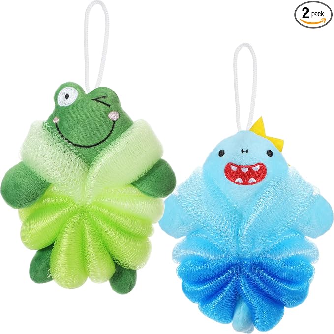 Nuenen 2 Pcs Bath Loofahs Kids Toddler Cute Cartoon Bath Sponges Loofah Pouf Body Scrubber Mesh Sponges for Children Shower Washing Exfoliating(Shark, Frog)