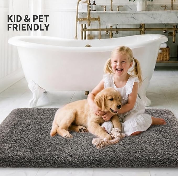 ILANGO Dark Gray Bathroom Rugs 36" × 24" Non Slip & Super Absorbent Extra Thick Soft, Washable Bath Mat for Floor, Microfiber Plush Shaggy Bath Rug with Rubber for Bathtub Shower Room Sink