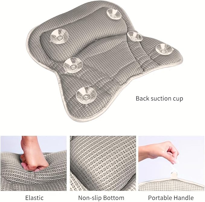 Bath Pillow 4D Bath Tub Pillows for Head Tub Pillow for Bathtub with 6 Non-Slip Suction Cups Bathtub Headrest Cushion Fits All Bathtubs(Color:Grey)