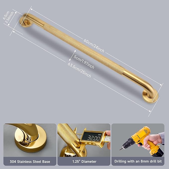 24 Inch Shower Grab Bar 1.25" Dia, Gold Anti Slip Bathroom Grab Bar, 304 Stainless Steel Knurled Handicap Grab Bars, Safety Support Handrail, Assist Bath Shower Handle for Elderly Injury Senior