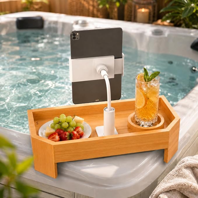 Vespara Bamboo Hot Tub Tray Table with Adjustable Phone Holder, Non Slip Hot Tub Table Spa Gifts for Women, Bathtub Canddy Tray with Wine Glass Holder Tray for Luxury Bathtub& Bathroom Accessories