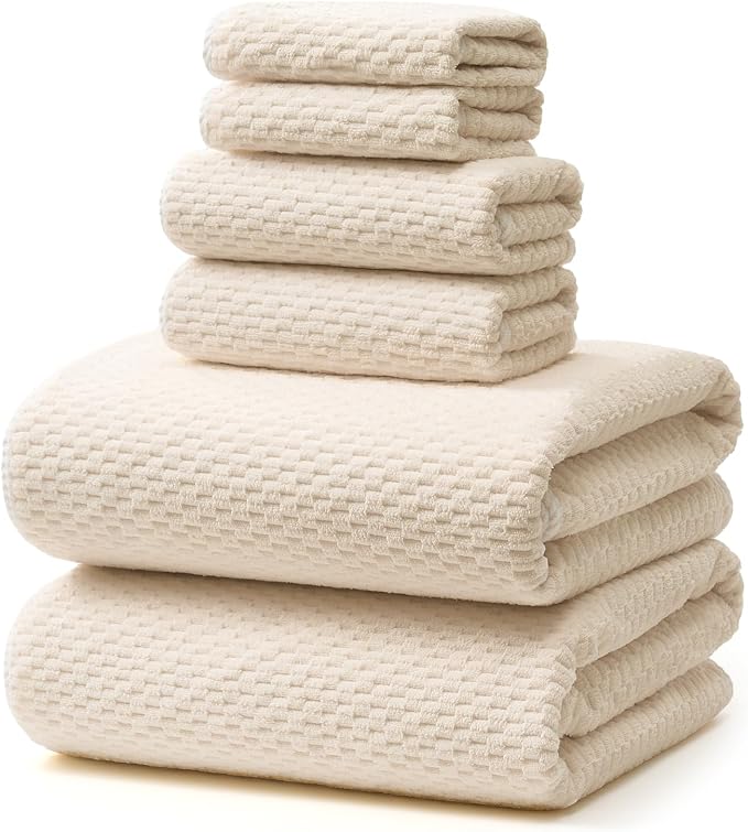 ecolook Microfiber Towel Set of 6, Beige | Ultra-Soft & Oversized, Absorbent & Quick-Drying | 2 Bath Sheets, 2 Hand Towels & 2 Washcloths