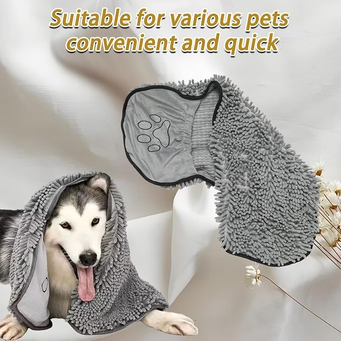1 Pcs 30x13 Inches Super Absorbent Dog Towel, Grey Quick Drying Pet Grooming Towel with Hand Pockets, Soft Bath Towels for Shower & Bath Supplies/Dogs and Cats