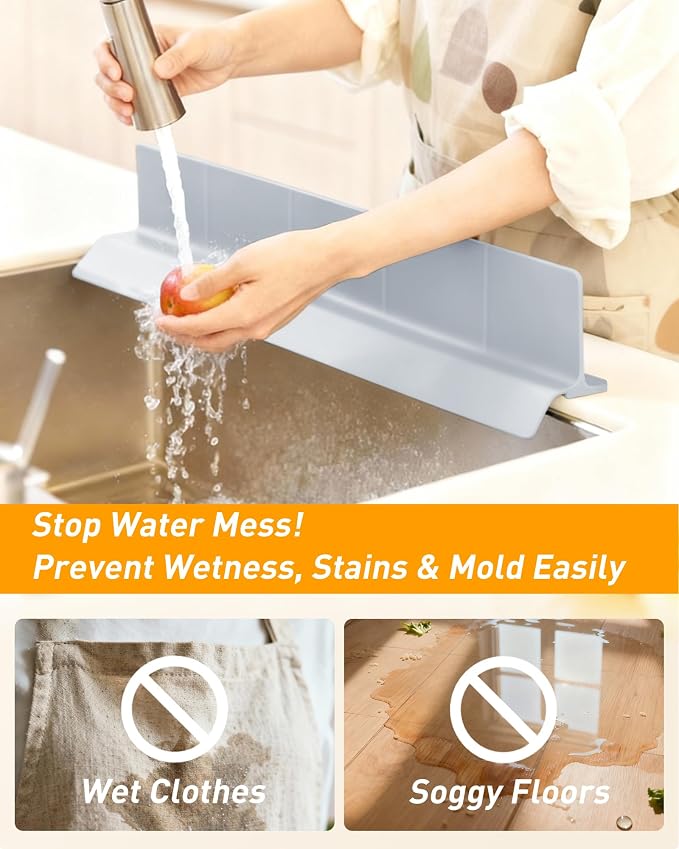 Sink Splash Guard 23" 18" 30" Silicone Water Guard with Strong Suction Cups, Faucet & Countertop Protector, Bathroom & Sink Edge Splash Guard Strip, Dishwasher Safe-Grey 23"