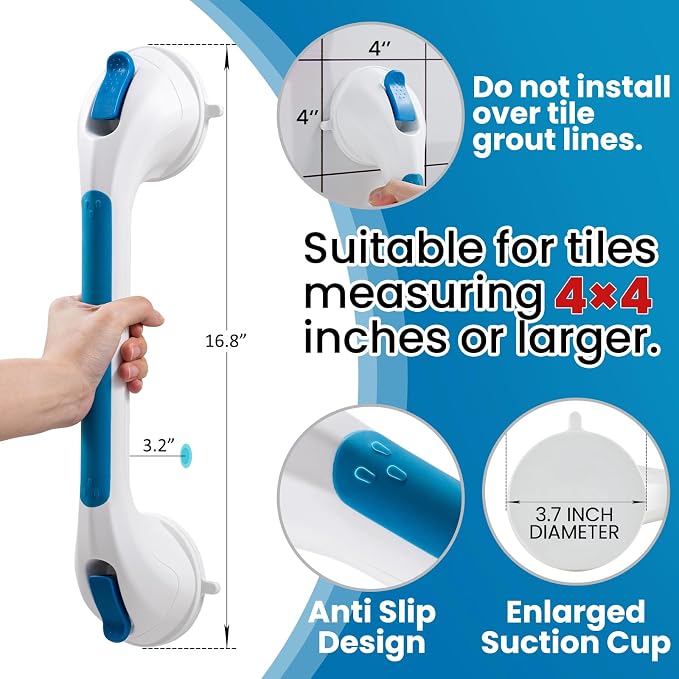 TAILI Shower Grab Bar Suction Grab Bars for Bathtubs and Showers, Heavy Duty Bath Handle Removable Bath Handrails for Seniors and Elderly, Bathroom Safety Grip No Drilling Waterproof,Blue (Pack of 2)